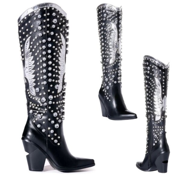 AZALEA WANG Upbeat Black Jeweled Rhinestone Tall Western Cowboy Boots 7-11 NWT